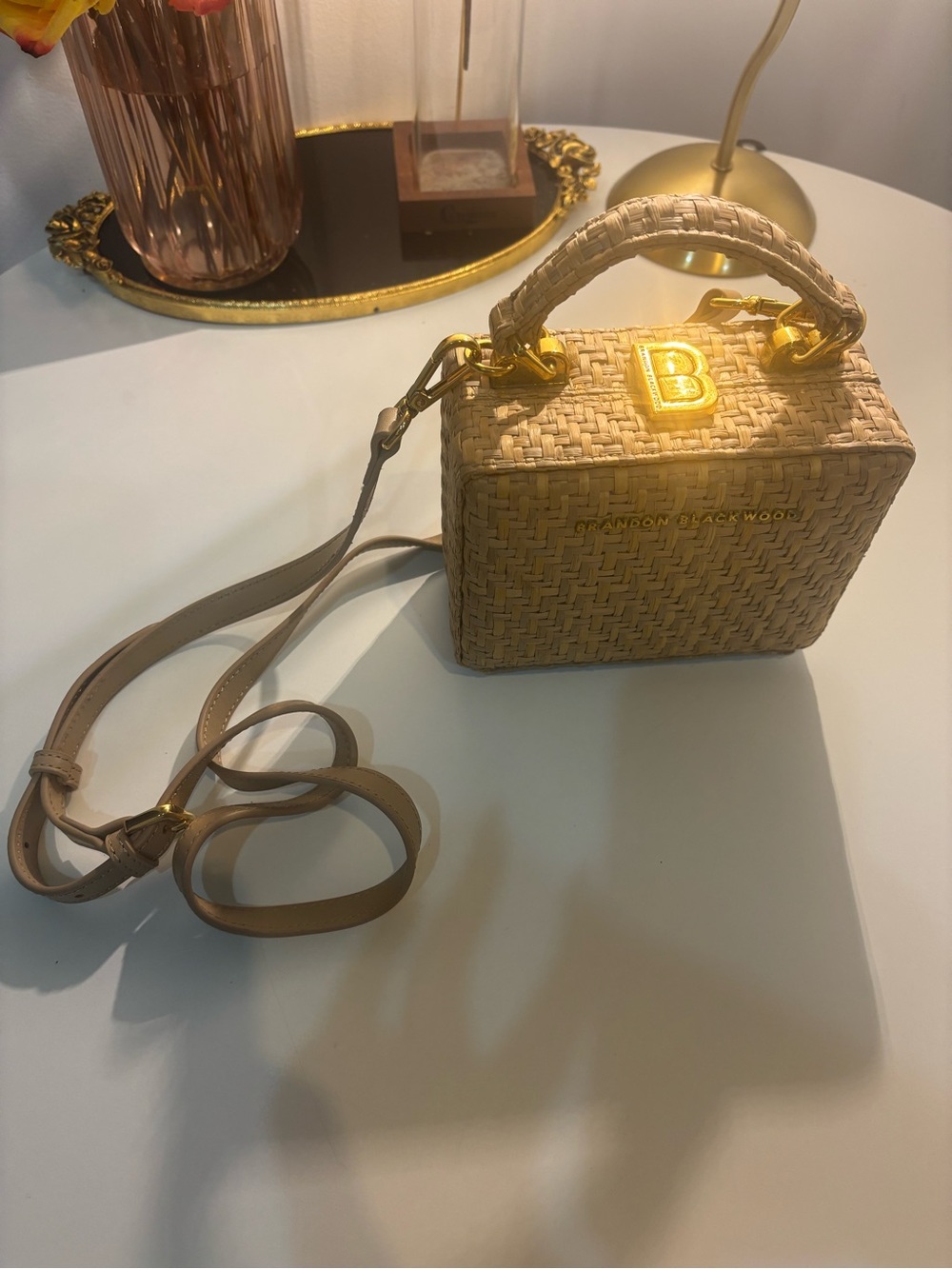 Brandon Blackwood Natural Beige Woven Top-Handle Mini Bag with Gold Hardware - Picture 3 of 7